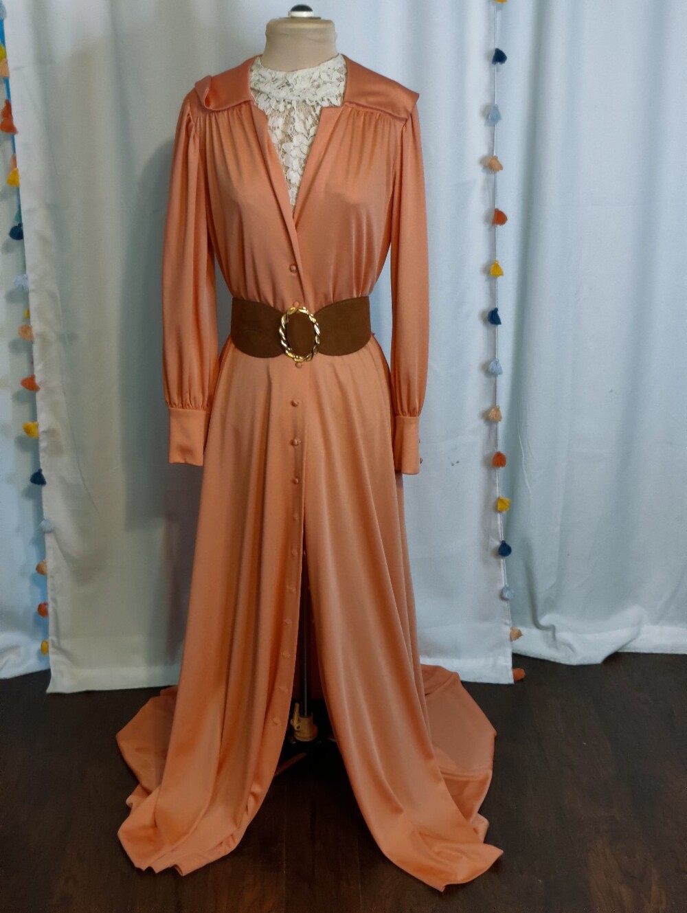 70's Melon Hostess Maxi Dress full button front Huge Collar Duster Cover Up  M
